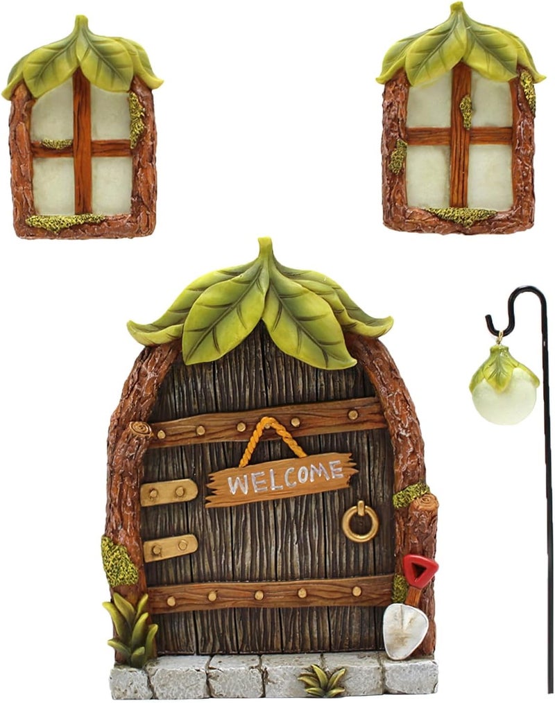 IMOFEE Fairy Door and Windows Garden Kit Accessories Outdoor, Glow in Dark Gnome House for Tree, Lawn Yard Art Sculpture, Miniature Garden Decor (Leaf) - Image 1